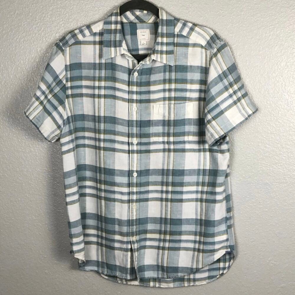 Gap Large Blue Green White Plaid Button Up Short Sleeve Linen Cotten Blend Shirt